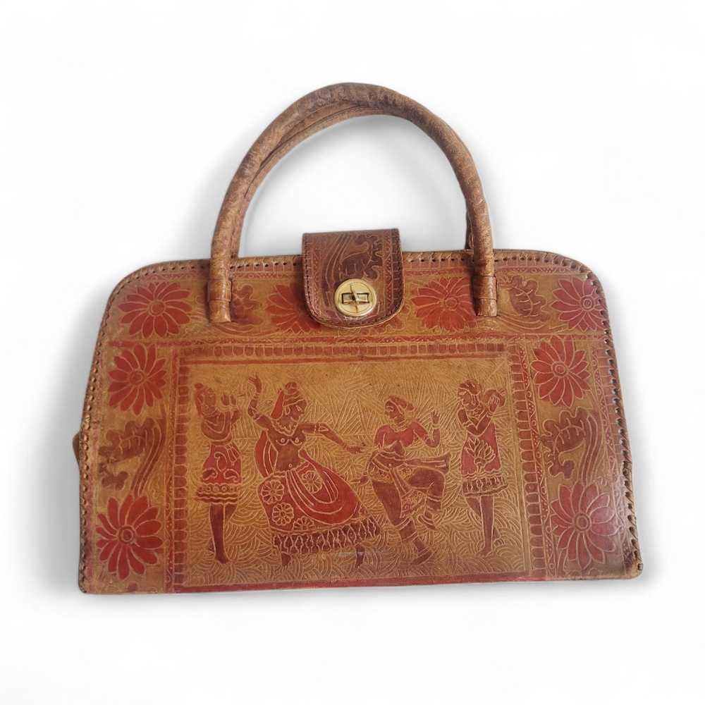 Vintage Indian Boho Tooled Painted Leather Bag Tan With Burgundy